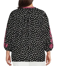 Calessa Plus Size Woven Polka Dot Embroidered Split V-Neck 3/4 Sleeve Tunic