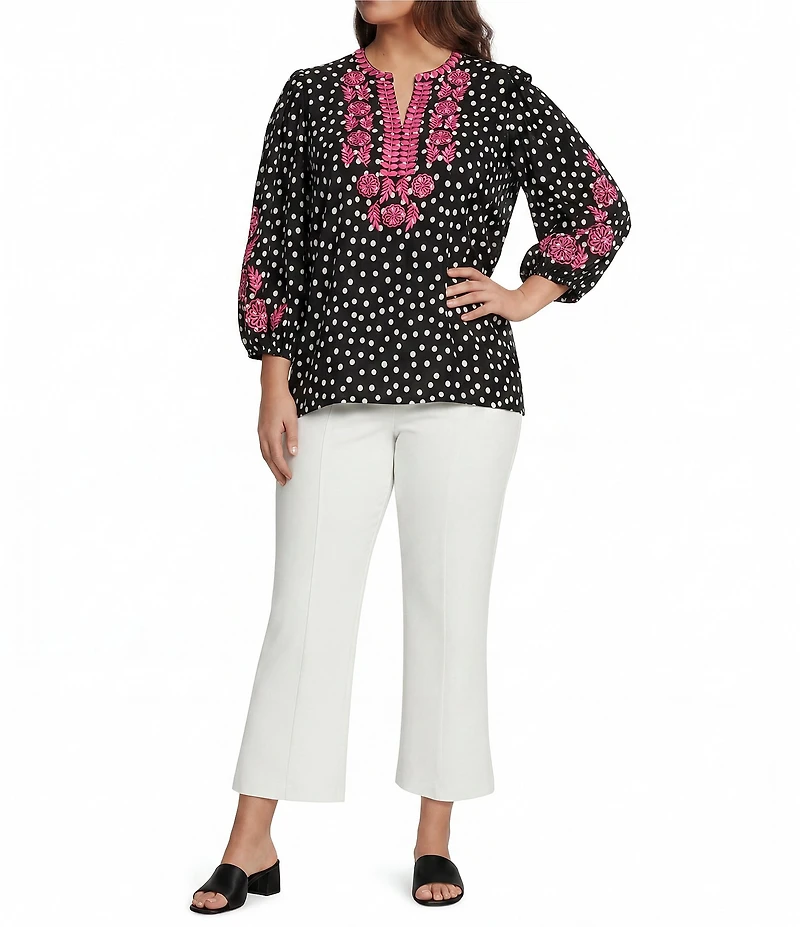 Calessa Plus Size Woven Polka Dot Embroidered Split V-Neck 3/4 Sleeve Tunic