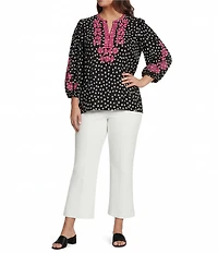 Calessa Plus Size Woven Polka Dot Embroidered Split V-Neck 3/4 Sleeve Tunic