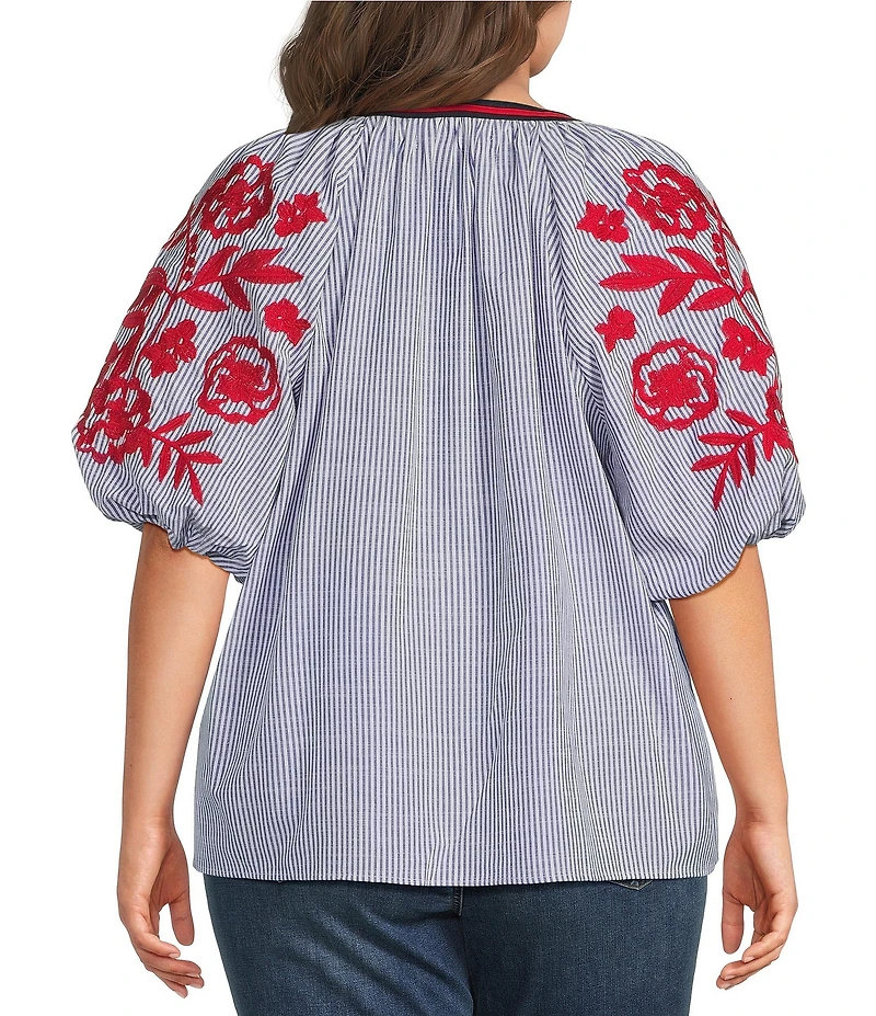 Calessa Plus Size Woven Split Round Neck Striped Embroidered Elbow Sleeve Tunic