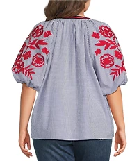 Calessa Plus Size Woven Split Round Neck Striped Embroidered Elbow Sleeve Tunic