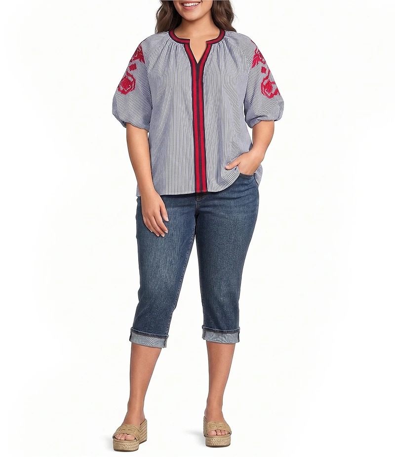 Calessa Plus Size Woven Split Round Neck Striped Embroidered Elbow Sleeve Tunic