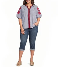 Calessa Plus Size Woven Split Round Neck Striped Embroidered Elbow Sleeve Tunic