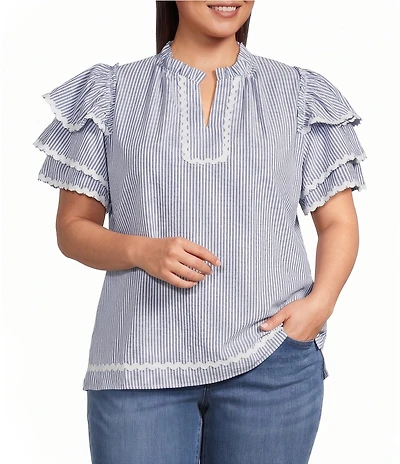 Calessa Plus Size Woven Split Stand Round Neck Short Layered Sleeve Tunic