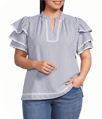 Calessa Plus Size Woven Split Stand Round Neck Short Layered Sleeve Tunic