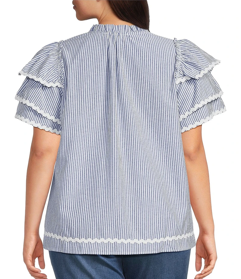 Calessa Plus Size Woven Split Stand Round Neck Short Layered Sleeve Tunic