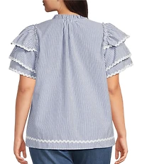 Calessa Plus Size Woven Split Stand Round Neck Short Layered Sleeve Tunic
