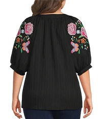 Calessa Plus Size Woven Split V-Neck Embroidered Balloon Elbow Length Sleeve Tunic