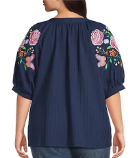 Calessa Plus Size Woven Split V-Neck Embroidered Balloon Elbow Length Sleeve Tunic