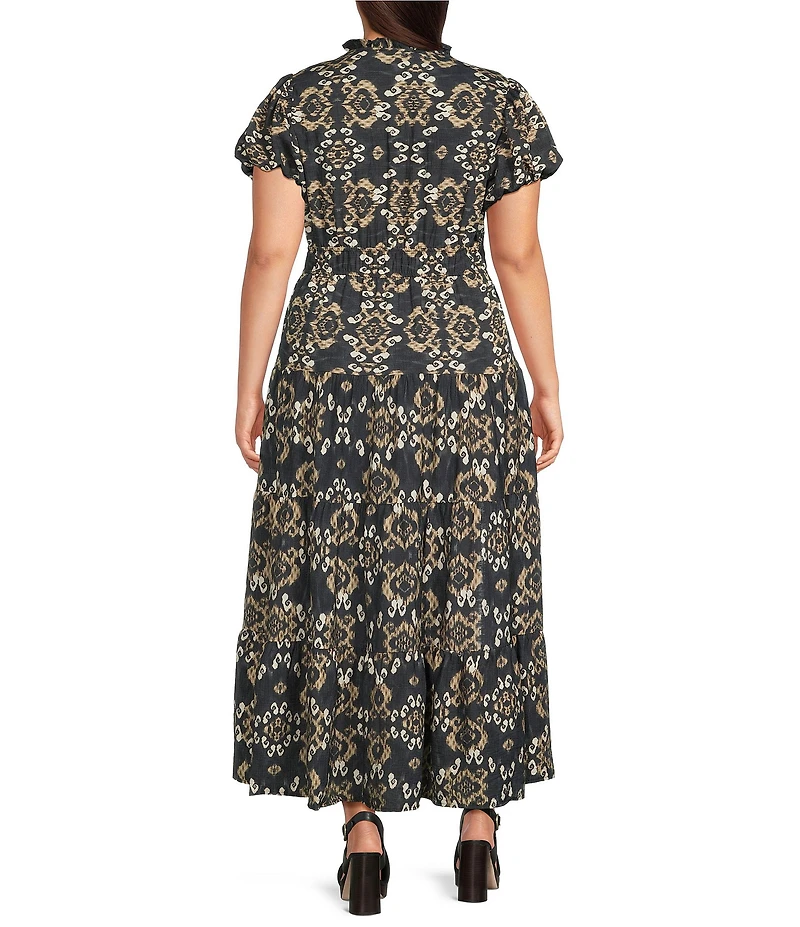 Calessa Plus Size Woven Split V-Neck Puff Sleeve A-Line Maxi Dress