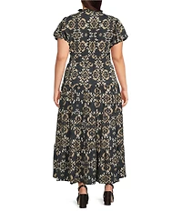 Calessa Plus Size Woven Split V-Neck Puff Sleeve A-Line Maxi Dress