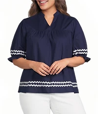 Calessa Plus Size Woven Split V-Neck Elbow Length Sleeve Ric-Rac Trim Tunic