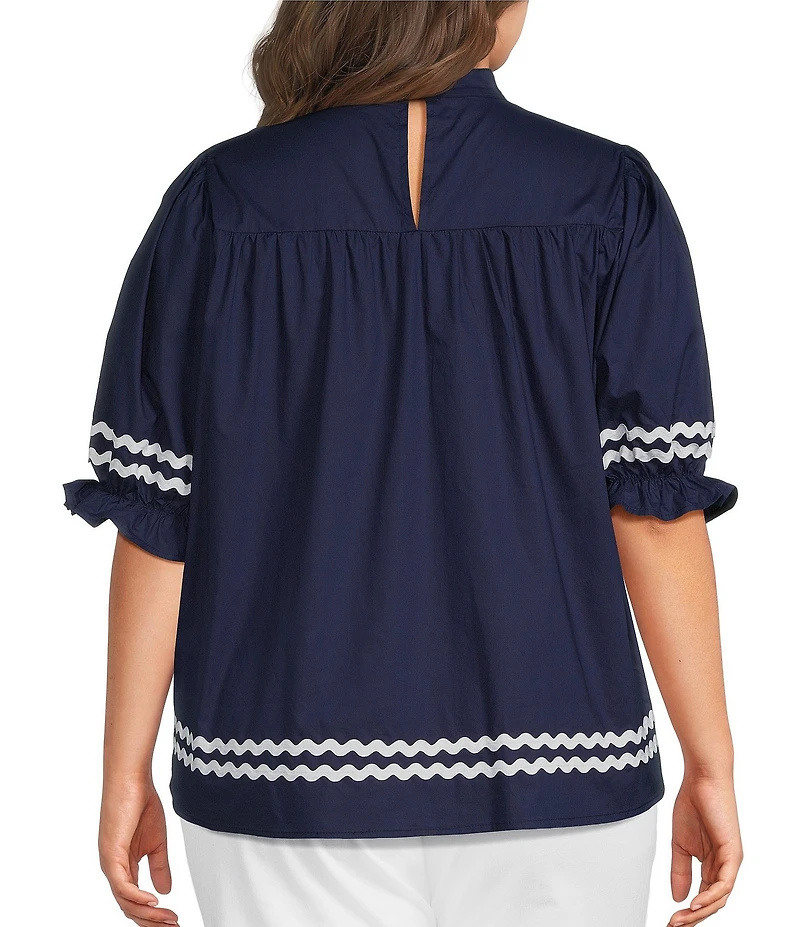 Calessa Plus Size Woven Split V-Neck Elbow Length Sleeve Ric-Rac Trim Tunic