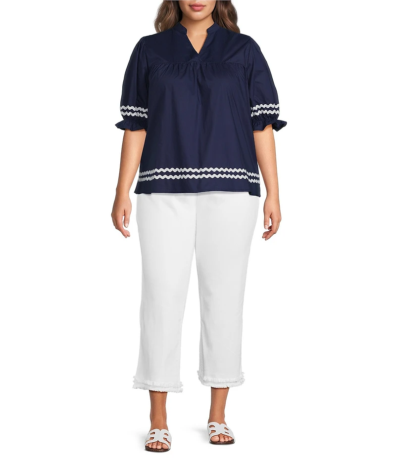 Calessa Plus Size Woven Split V-Neck Elbow Length Sleeve Ric-Rac Trim Tunic