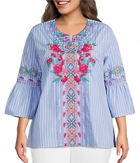 Calessa Plus Size Woven Stripe Embroidered Split V-Neck 3/4 Bell Sleeve Tunic