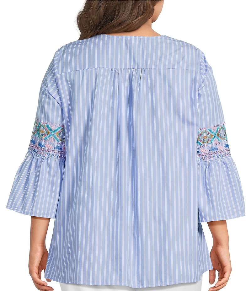 Calessa Plus Size Woven Stripe Embroidered Split V-Neck 3/4 Bell Sleeve Tunic