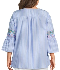Calessa Plus Size Woven Stripe Embroidered Split V-Neck 3/4 Bell Sleeve Tunic