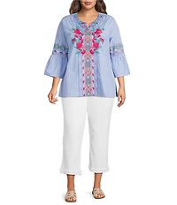 Calessa Plus Size Woven Stripe Embroidered Split V-Neck 3/4 Bell Sleeve Tunic