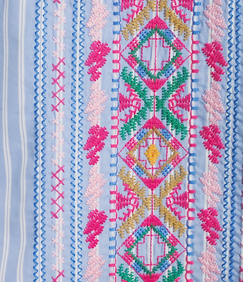 Calessa Plus Size Woven Stripe Embroidered Split V-Neck 3/4 Bell Sleeve Tunic