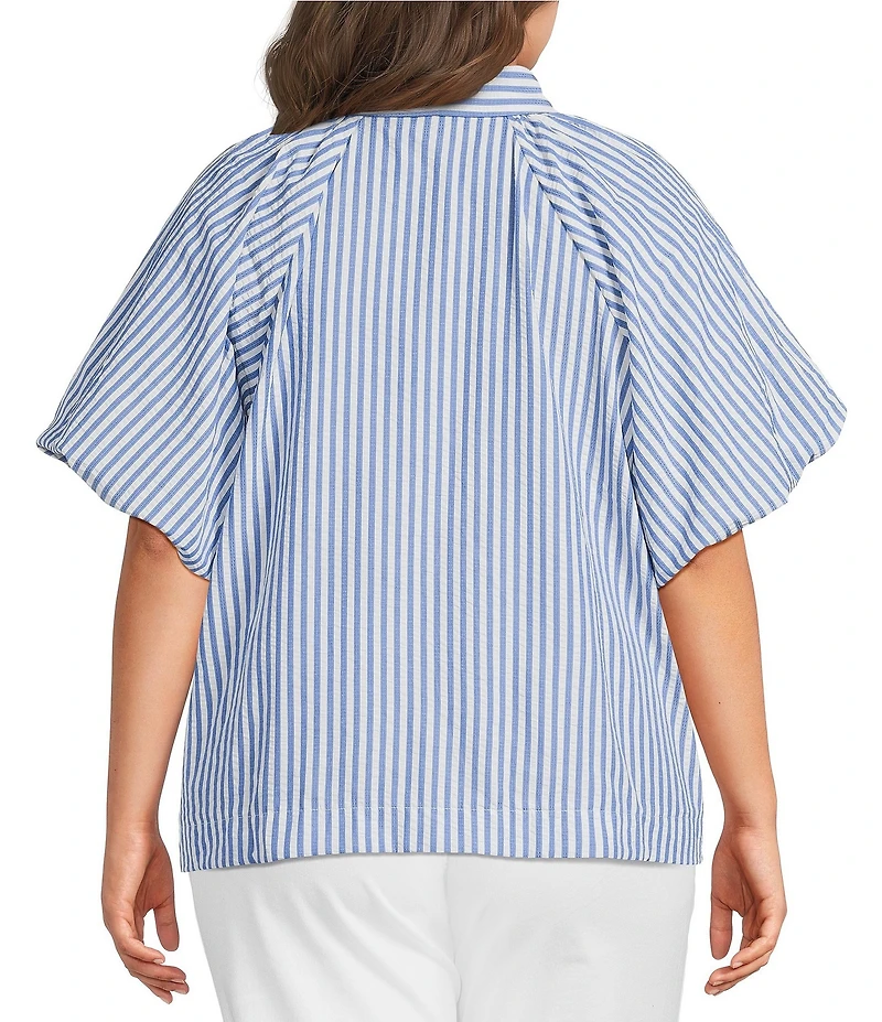 Calessa Plus Size Woven Stripe Point Collar Elbow Length Balloon Sleeve Button Front Shirt