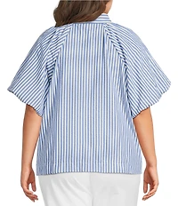 Calessa Plus Size Woven Stripe Point Collar Elbow Length Balloon Sleeve Button Front Shirt