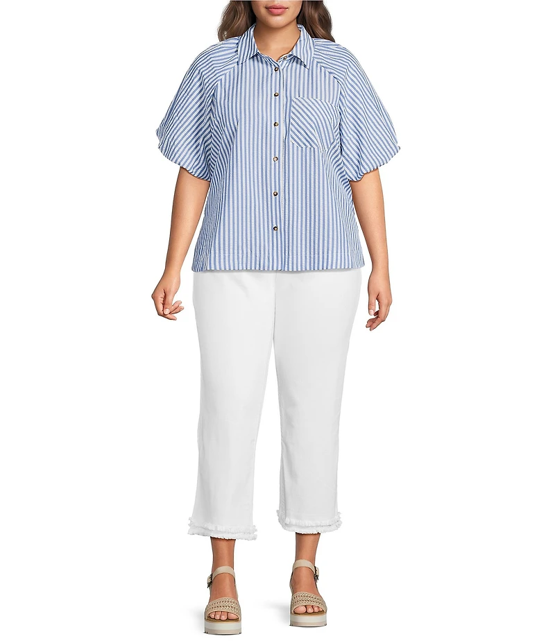 Calessa Plus Size Woven Stripe Point Collar Elbow Length Balloon Sleeve Button Front Shirt