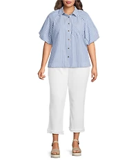 Calessa Plus Size Woven Stripe Point Collar Elbow Length Balloon Sleeve Button Front Shirt