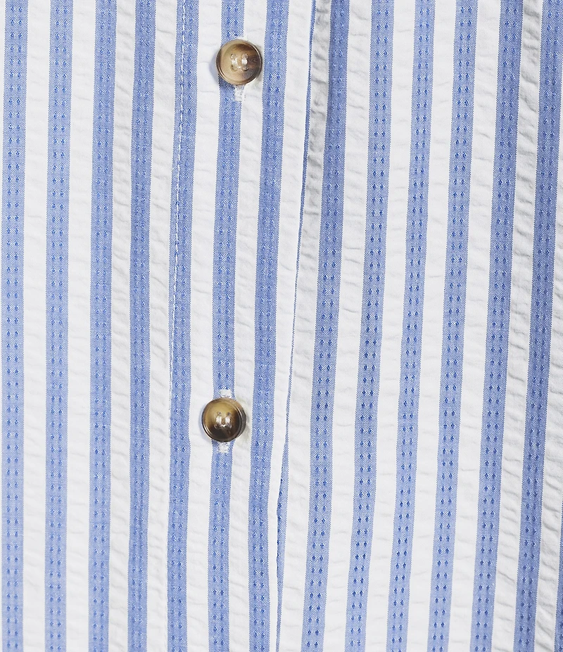 Calessa Plus Size Woven Stripe Point Collar Elbow Length Balloon Sleeve Button Front Shirt