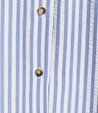 Calessa Plus Size Woven Stripe Point Collar Elbow Length Balloon Sleeve Button Front Shirt