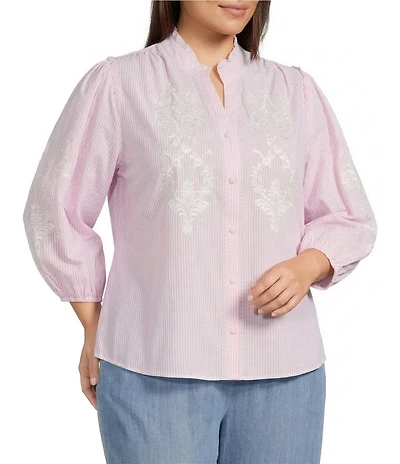 Calessa Plus Size Woven Stripe Split V-Neck 3/4 Balloon Sleeve Embroidered Button Front Tunic