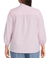 Calessa Plus Size Woven Stripe Split V-Neck 3/4 Balloon Sleeve Embroidered Button Front Tunic