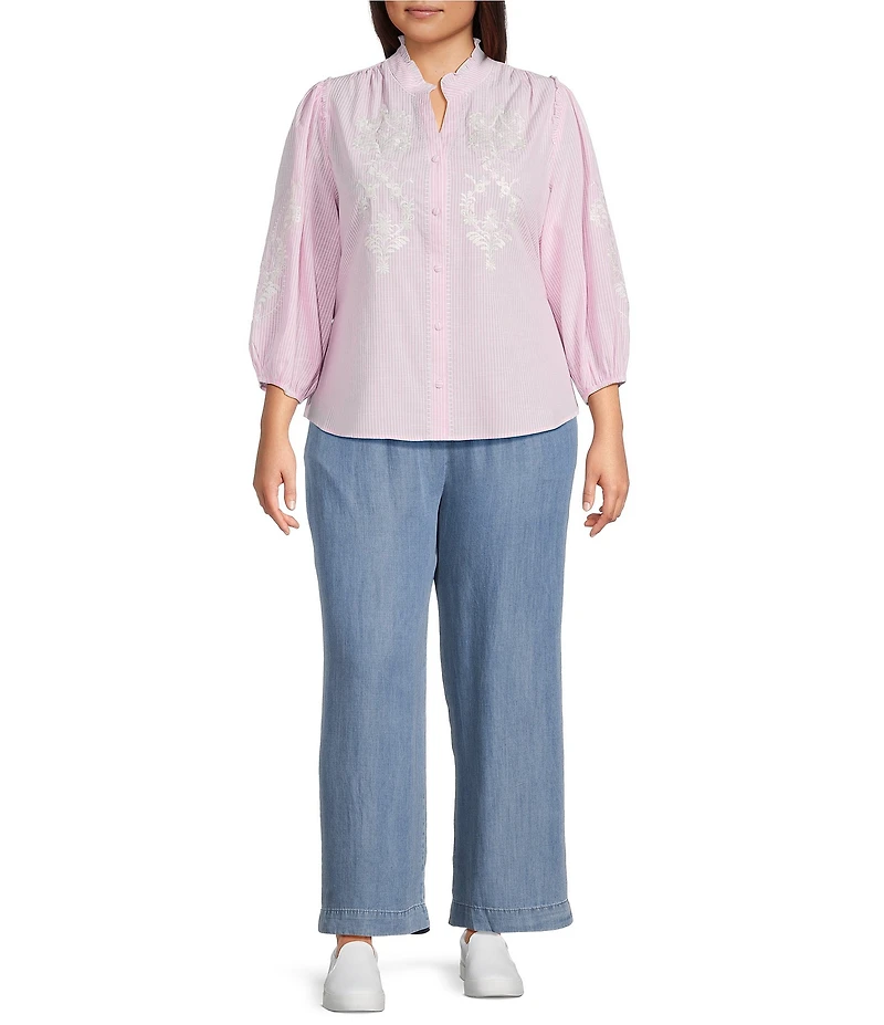 Calessa Plus Size Woven Stripe Split V-Neck 3/4 Balloon Sleeve Embroidered Button Front Tunic