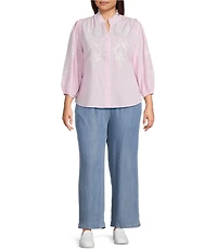 Calessa Plus Size Woven Stripe Split V-Neck 3/4 Balloon Sleeve Embroidered Button Front Tunic