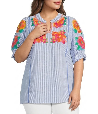 Calessa Plus Size Woven Stripe Split V-Neck Cap Sleeve Embroidered Tunic