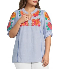 Calessa Plus Size Woven Stripe Split V-Neck Cap Sleeve Embroidered Tunic