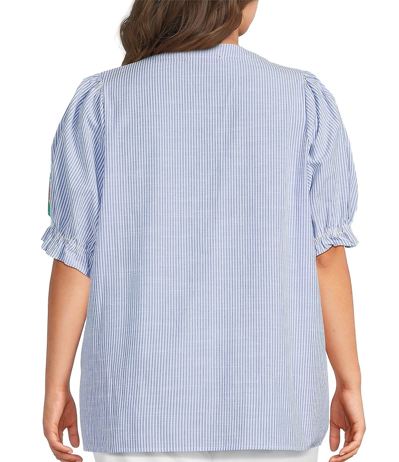 Calessa Plus Size Woven Stripe Split V-Neck Cap Sleeve Embroidered Tunic