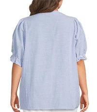 Calessa Plus Size Woven Stripe Split V-Neck Cap Sleeve Embroidered Tunic