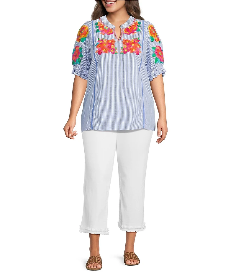 Calessa Plus Size Woven Stripe Split V-Neck Cap Sleeve Embroidered Tunic