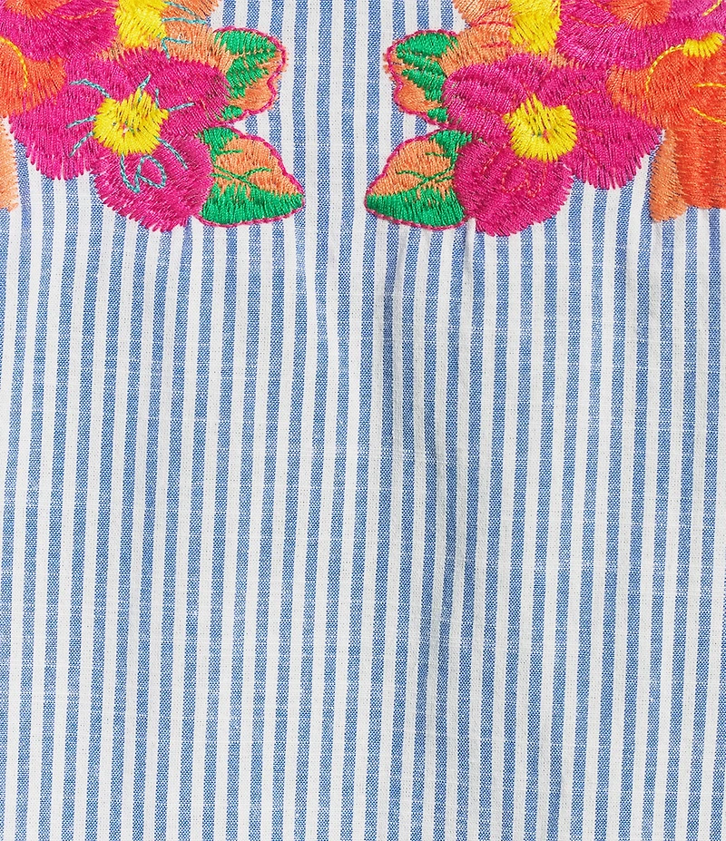 Calessa Plus Size Woven Stripe Split V-Neck Cap Sleeve Embroidered Tunic