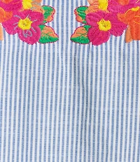 Calessa Plus Size Woven Stripe Split V-Neck Cap Sleeve Embroidered Tunic