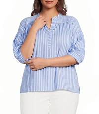 Calessa Plus Size Woven Stripe Split V-Neck Elbow Length Sleeve Tunic