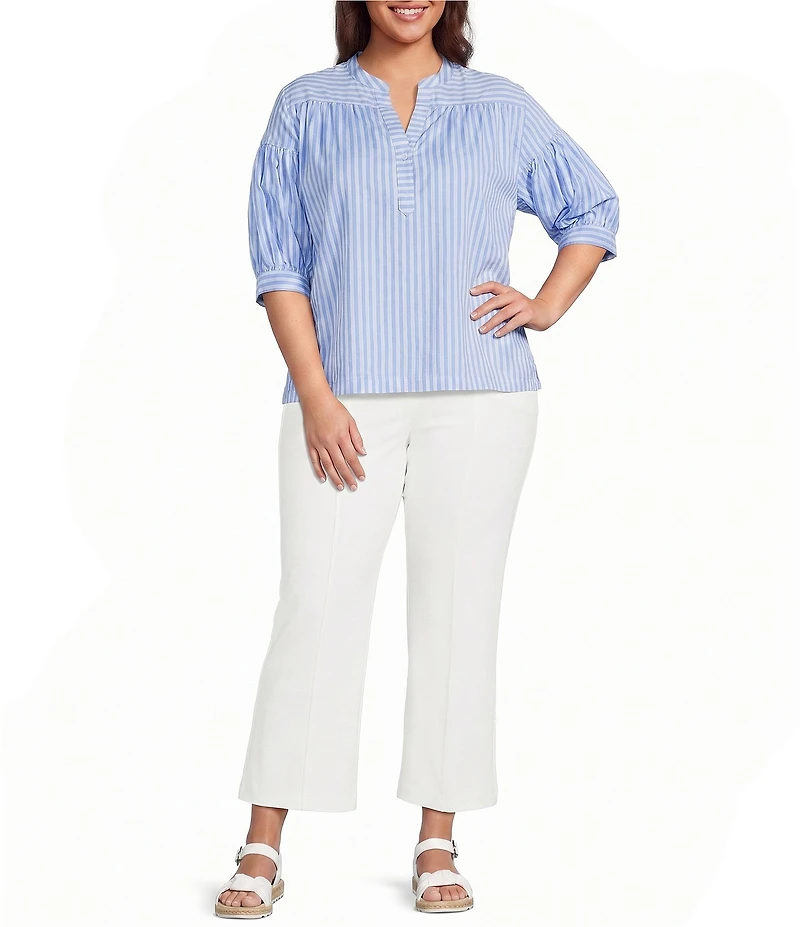 Calessa Plus Size Woven Stripe Split V-Neck Elbow Length Sleeve Tunic