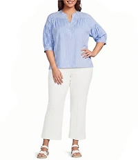 Calessa Plus Size Woven Stripe Split V-Neck Elbow Length Sleeve Tunic
