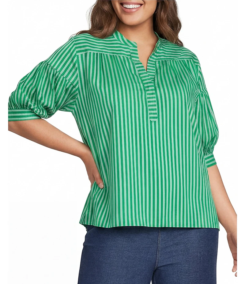 Calessa Plus Size Woven Stripe Split V-Neck Elbow Length Sleeve Tunic