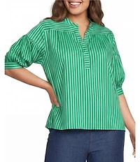 Calessa Plus Size Woven Stripe Split V-Neck Elbow Length Sleeve Tunic