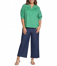 Calessa Plus Size Woven Stripe Split V-Neck Elbow Length Sleeve Tunic