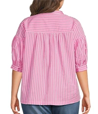 Calessa Plus Size Woven Stripe Split V-Neck Elbow Length Sleeve Tunic