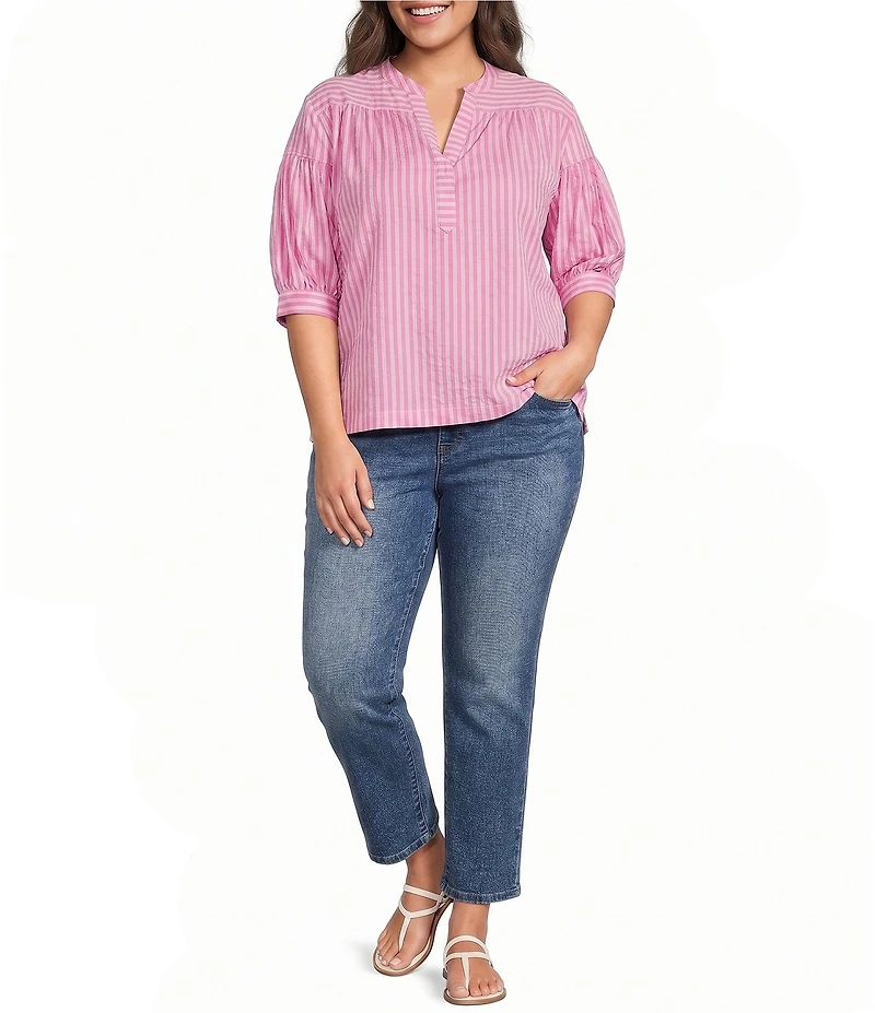 Calessa Plus Size Woven Stripe Split V-Neck Elbow Length Sleeve Tunic