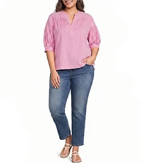 Calessa Plus Size Woven Stripe Split V-Neck Elbow Length Sleeve Tunic