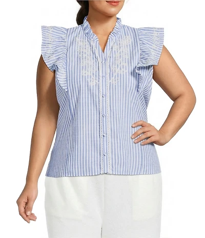 Calessa Plus Size Woven Stripe Split-V-Neck Ruffle Cap Sleeve Embroidered Button-Front Tunic